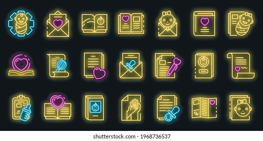 Certificate Of Birth Icons Set. Outline Set Of Certificate Of Birth Vector Icons Neoncolor On Black