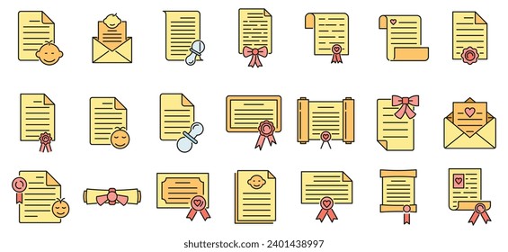 Certificate of birth icons set. Outline set of certificate of birth vector icons thin line color flat on white