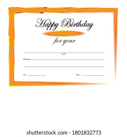 Certificate of birthday greetings with text for motivation in vector format in orange color