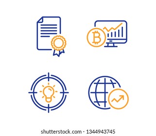 Certificate, Bitcoin chart and Idea icons simple set. World statistics sign. Diploma, Cryptocurrency statistics, Solution. Global report. Education set. Linear certificate icon. Colorful design set