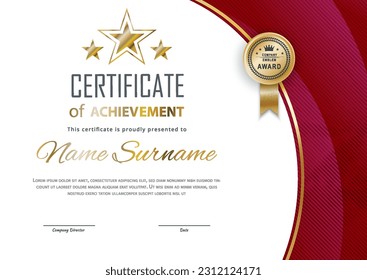 Certificate Blank and gold stars. Red gradient triangles on white background., Vector illustration