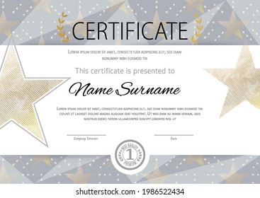 Certificate blank with gold stars. Template vector illustration