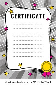 Certificate blank. Graduate Pop art comic empty frame with stars and medal. White box for text or diploma. Template for congratulations, graduation. Cartoon Vector illustration