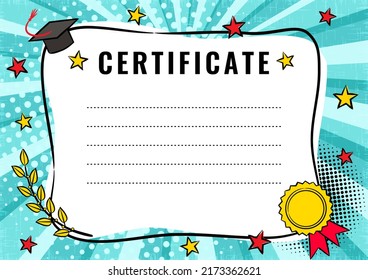 Certificate blank. Graduate Pop art comic empty frame with bachelor cap, branches of laurel and medal. White box for text. Template for congratulations, graduation. Cartoon Vector illustration