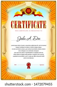 Certificate blank template. Colored ribbon is around. Design can be use for award or other official documents.