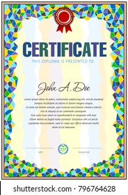 Certificate blank template designed with polygonal stained effect around text area.