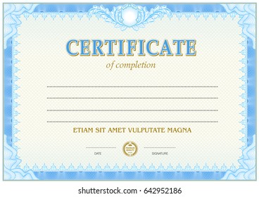 Certificate blank template. Light and soft design, detailed background texture. Line marked text area, green color gamma