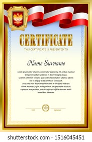 Certificate blank template. Poland symbol and two colored flag ribbon. Blank for official documents.