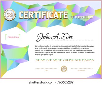 Certificate blank template. Polygonal gradient design, white text area background