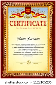 Certificate blank template. Red color decoration. Design can be use for award or other official papers.