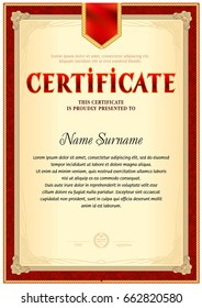 Certificate blank template. Simple detailed frame border with red texture in.
