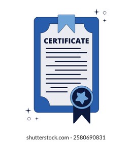 Certificate with blue frame and ribbon. Award or distinction. Vector illustration