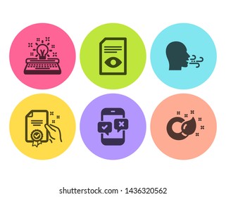 Certificate, Breathing exercise and Typewriter icons simple set. Phone survey, View document and Paint brush signs. Certified guarantee, Breath. Education set. Flat certificate icon. Circle button