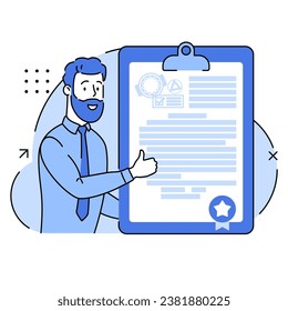 Certificate. Businessman like a standard for quality control. High quality or Guarantee sign. Verified document symbol. Standard for control, international certification concept. Vector illustration