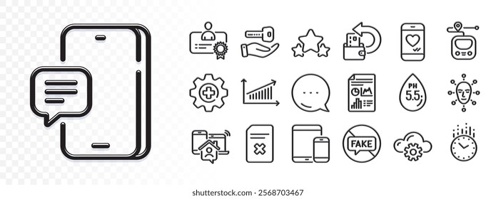 Certificate, Buying house and Delete file line icons for web app. Glare of light effect. Message icon. Pack of Medicine, Fake news, Stars pictogram icons. Vector