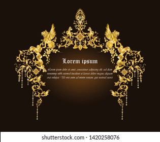 Golden​ certificate card decorated with baroque metal elements and gold lion on black background 
