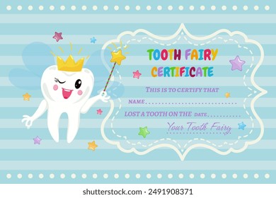 Certificate from the cartoon tooth fairy for pediatric dentistry. Cute tooth with wings in a crown and with a magic wand in his hand. Diploma for children whose baby teeth are falling out.