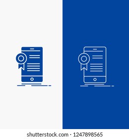 certificate, certification, App, application, approval Line and Glyph web Button in Blue color Vertical Banner for UI and UX, website or mobile application