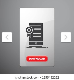 certificate, certification, App, application, approval Glyph Icon in Carousal Pagination Slider Design & Red Download Button