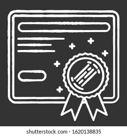 Certificate chalk white icon on black background. Diploma. Graduation confirmation. Academic document. Qualification. Degree. Education. Achivement. Award. Isolated vector chalkboard illustration