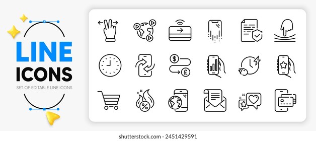 Certificate, Charging time and Elastic line icons set for app include Mobile internet, Hot loan, Touchscreen gesture outline thin icon. Clock, Favorite app, Phone transfer pictogram icon. Vector