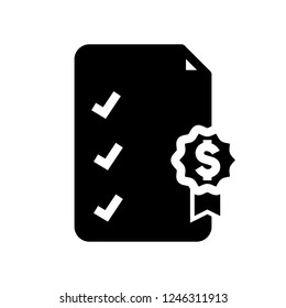 Certificate check list document with badge and dollar currency, icon vector illustration in solid glyph black style