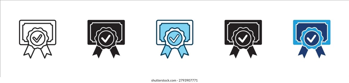 Certificate with check mark medal icon set. Usable for: certification, approval, verification, validation, quality control, compliance, quality assurance, accreditation. Vector illustration