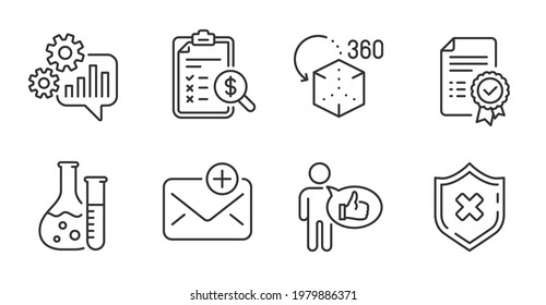 Certificate, Chemistry lab and Accounting report line icons set. Augmented reality, New mail and Reject protection signs. Like, Cogwheel symbols. Verified document, Laboratory, Check finance. Vector