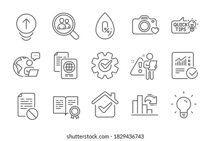 Juego de iconos de línea de gráfico Certificados, CogWheel y Disminución. Archivo incorrecto, documento de Passport y signos de Swipe up. Sin alcohol, cálculo verificado y símbolos de cámara fotográfica. Conjunto de iconos de línea. Vector