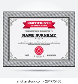 Certificate of completion. Apple sign icon. Fruit with leaf symbol. Template with vintage patterns. Vector