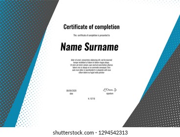 Certificate of completion - appreciation, achievement, graduation, diploma or award with square retro texture background. Template design. Stock vector