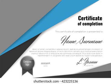 Certificate of completion (appreciation, achievement, graduation, diploma or award). Stock vector.