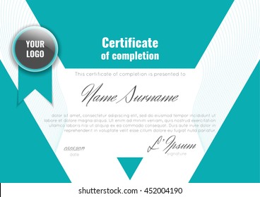 Certificate of completion (appreciation, achievement, graduation, diploma or award). Stock vector.