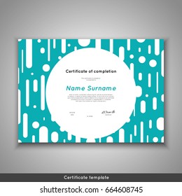 Certificate of completion - appreciation, achievement, graduation, diploma or award with funny geometrical scandinavian pattern with lines. Stock vector.