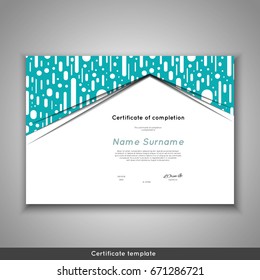 Certificate of completion - appreciation, achievement, graduation, diploma or award with funny geometrical scandinavian pattern with lines. Stock vector.
