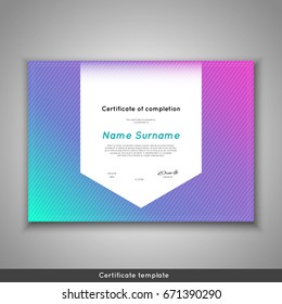 Certificate of completion - appreciation, achievement, graduation, diploma or award with funny geometrical scandinavian pattern with lines. Stock vector.