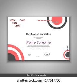Certificate of completion - appreciation, achievement, graduation, diploma or award with funny geometrical scandinavian pattern with lines. Stock vector.