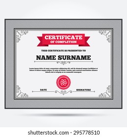 Certificate of completion. Atom sign icon. Atom part symbol. Template with vintage patterns. Vector