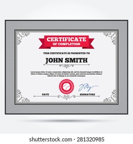 Certificate of completion. Baseball ball sign icon. Sport symbol. Template with vintage patterns. Vector