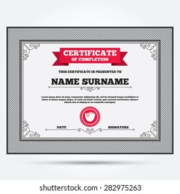 Certificate of completion. Baseball glove or mitt sign icon. Sport symbol. Template with vintage patterns. Vector