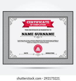 Certificate of completion. Birthday cake sign icon. Cake with burning candles symbol. Template with vintage patterns. Vector