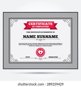 Certificate Of Completion. Blood Donation Sign Icon. Medical Donation. Heart With Blood Drop. Template With Vintage Patterns. Vector