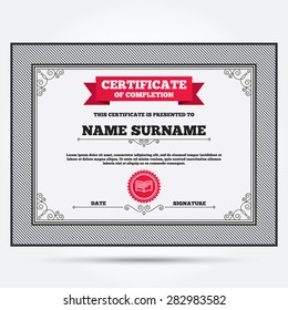 Certificate of completion. Book sign icon. Open book symbol. Template with vintage patterns. Vector