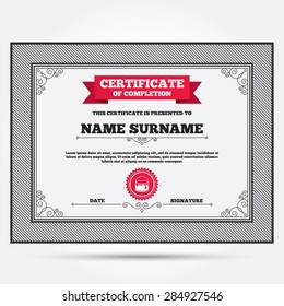 Certificate of completion. Bucket of paint icon. Painting works sign. Painter equipment. Template with vintage patterns. Vector
