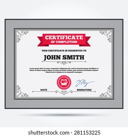 Certificate of completion. Bus sign icon. Public transport with driver symbol. Template with vintage patterns. Vector