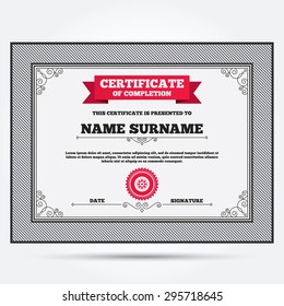 Certificate of completion. Car wheel sign icon. Circular transport component symbol. Template with vintage patterns. Vector