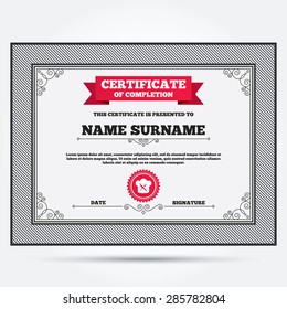 Certificate of completion. Chef hat sign icon. Cooking symbol. Cooks hat with fork and knife. Template with vintage patterns. Vector