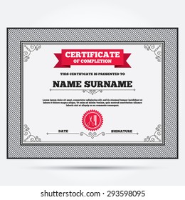Certificate of completion. Comb hair with scissors sign icon. Barber symbol. Template with vintage patterns. Vector