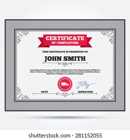 Certificate of completion. Delivery truck sign icon. Cargo van symbol. Template with vintage patterns. Vector
