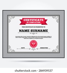 Certificate of completion. Diamond sign icon. Jewelry symbol. Gem stone. Template with vintage patterns. Vector